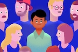 An illustration shows a man with brown skin surrounded by white people.