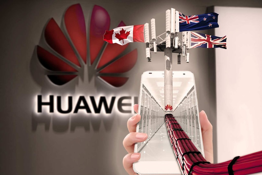 A graphic comprising of a Huawei phone and flags of UK, Canada and New Zealand, against the backdrop of a Huawei logo.