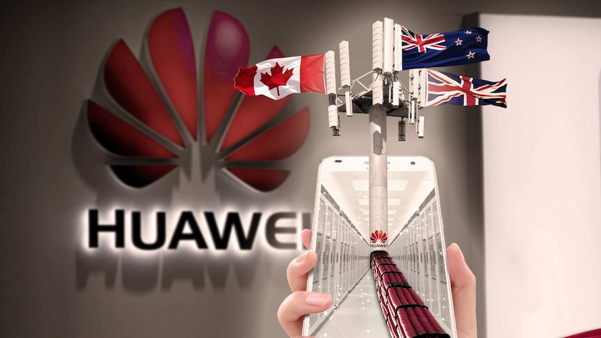 A graphic comprising of a Huawei phone and flags of UK, Canada and New Zealand, against the backdrop of a Huawei logo.