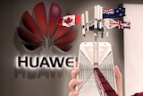 A graphic comprising of a Huawei phone and flags of UK, Canada and New Zealand, against the backdrop of a Huawei logo.