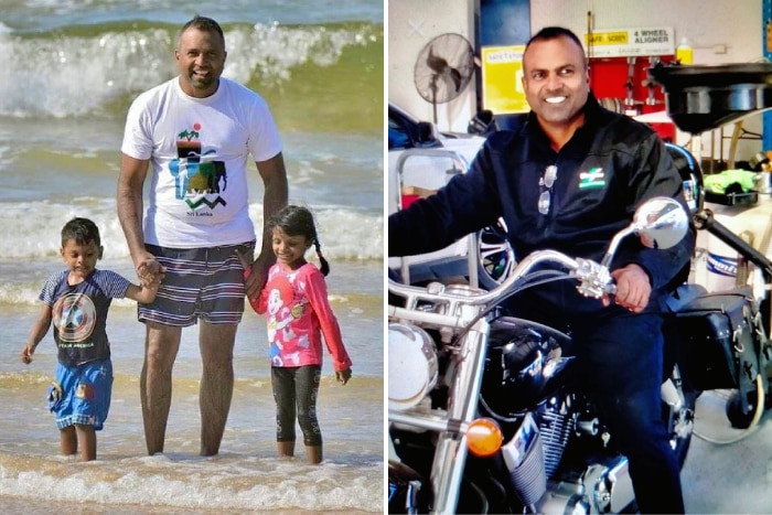 A composite image of a man with two children and a man sitting on a motorcycle.