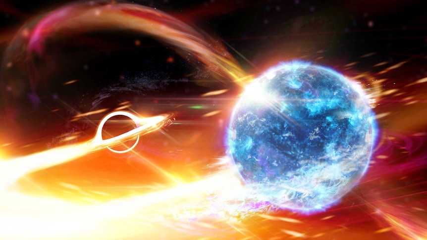Illustration of a black hole eating a neutron star