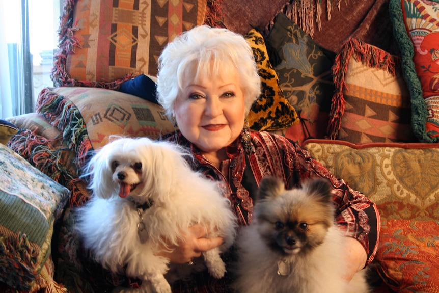 An older women sits on a couch with many colourful cushions with two small fluffy dogs