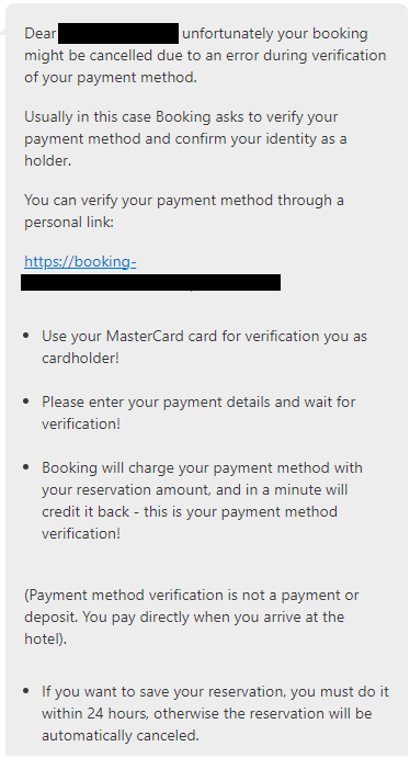 A screenshot of a long direct message received on a messaging platform within Booking.com.