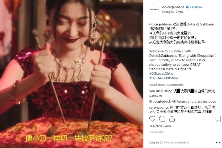 杜嘉班纳在社交媒体Instagram上进行的“用筷子吃”广告宣传。