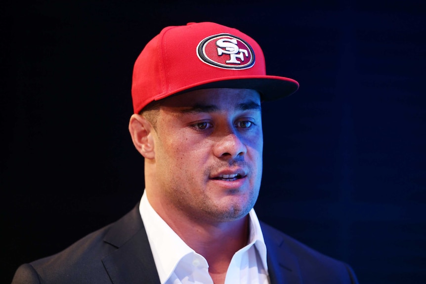 Jarryd Hayne speaks to the media after announcing he has signed a futures contract with the San Francisco 49ers
