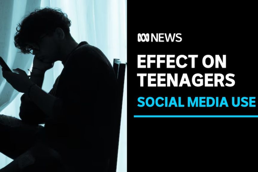 Effect On Teenagers, Social Media Use: Silhouette of young adult holding phone with head in other hand. 
