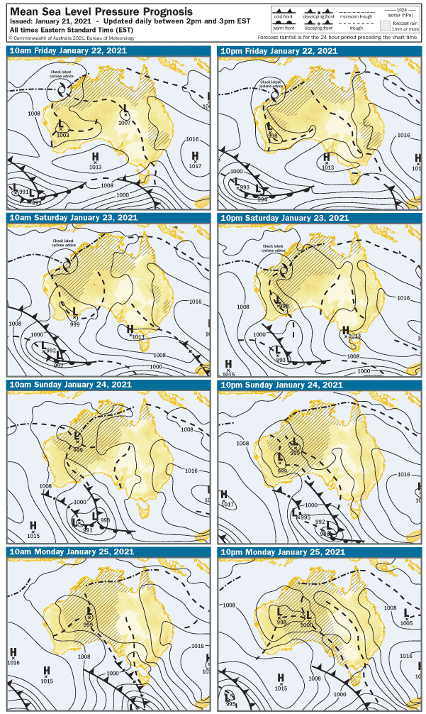 Synoptic charts showing the next four days across Australia.