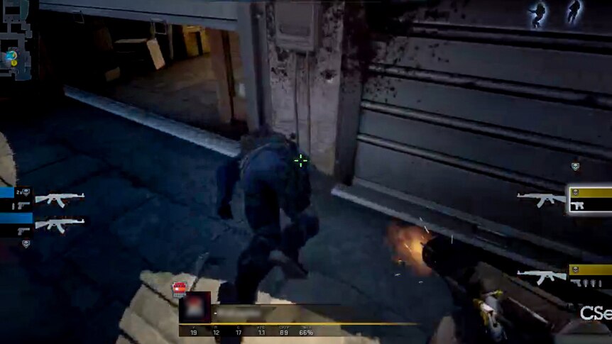 Gameplay from video game Counter-Strike: Global Offensive, showing a man being shot with various graphics surrounding the screen