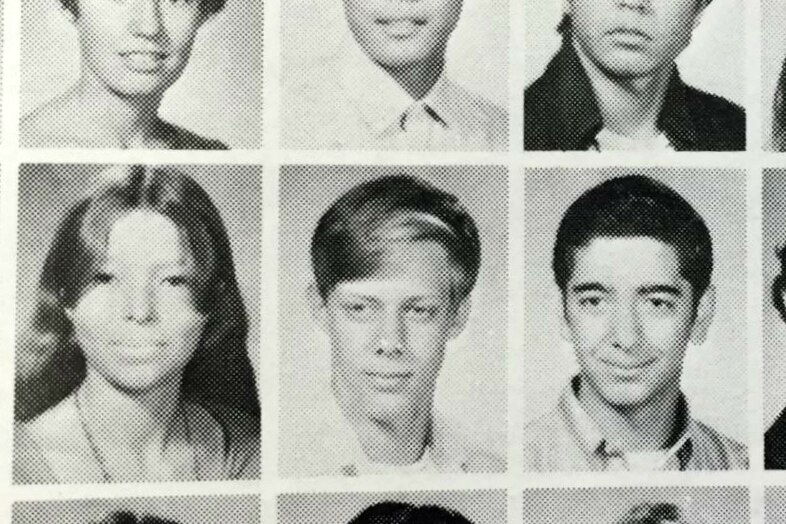 Stephen Paddock (centre) in the 1970 Francis Polytechnic High School Year Book.