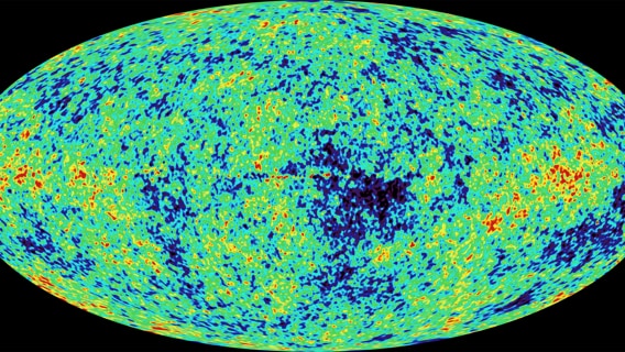 Full-sky map of the oldest light in the universe  - an egg shaped universe is covered in blue, green and yellow blobs