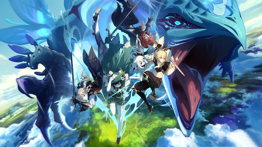 Cover art from Genshin Impact: action shot of a group of fantasy heroes alongside a big blue dragon