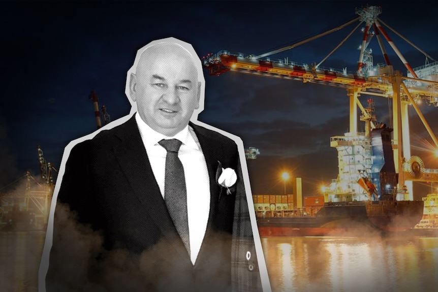 Composite of a man in black and white with a shipping yard photo behind him.