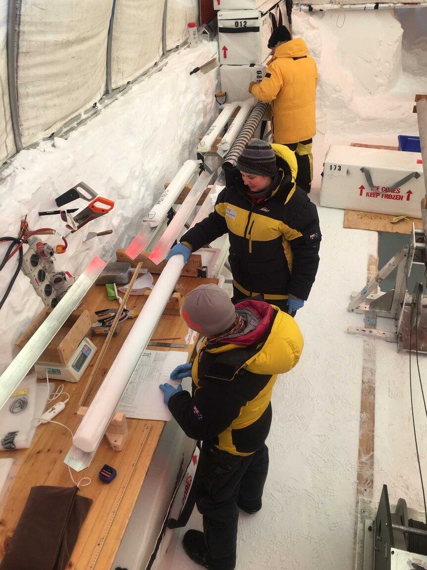 The team processing the ice cores at the Mount Brown South drill site.