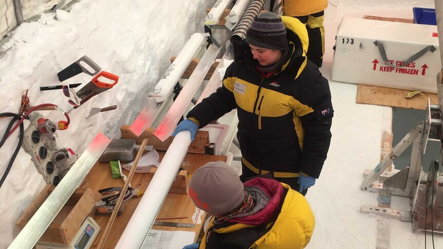 The team processing the ice cores at the Mount Brown South drill site.