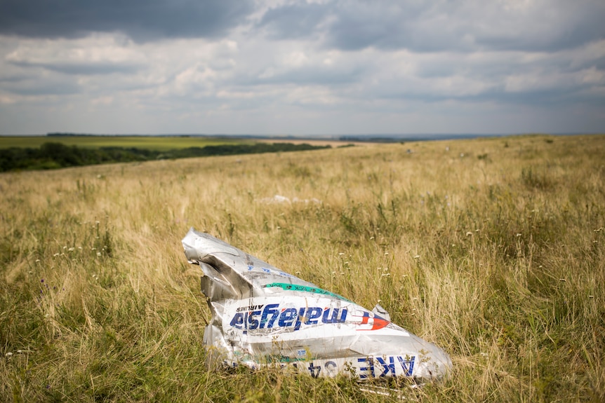 A piece of plane wreckage bearing the Malaysia Airlines livery in a field.