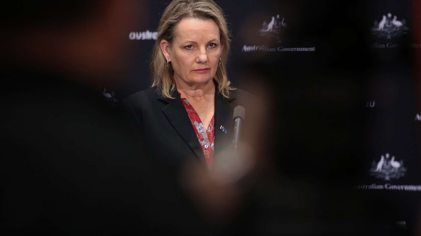 A woman at a press conference with black figures in the foreground