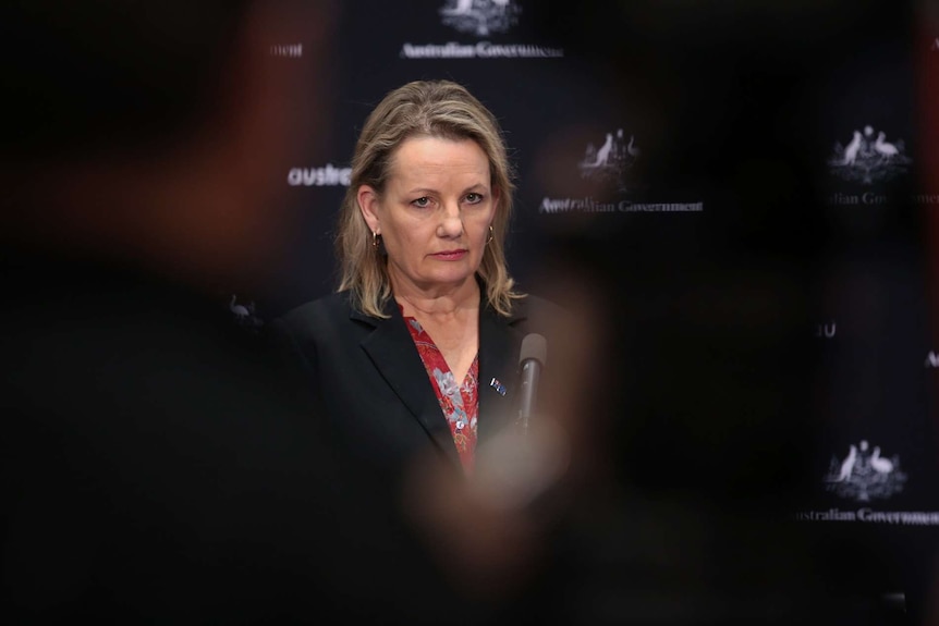 A woman at a press conference with black figures in the foreground