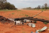Empty alcohol bottles lay by a roadside of red dirt.