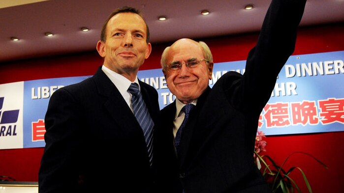 Opposition Leader Tony Abbott (left) is introduced by former prime minister John Howard