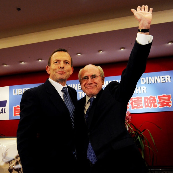 Opposition Leader Tony Abbott (left) is introduced by former prime minister John Howard