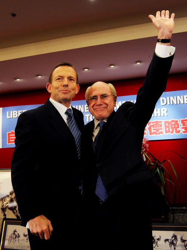 Opposition Leader Tony Abbott (left) is introduced by former prime minister John Howard