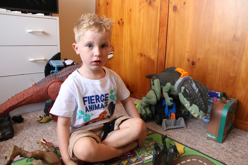 A young boy sits on a bedroom floor surrounded by toy dinosaurs.
