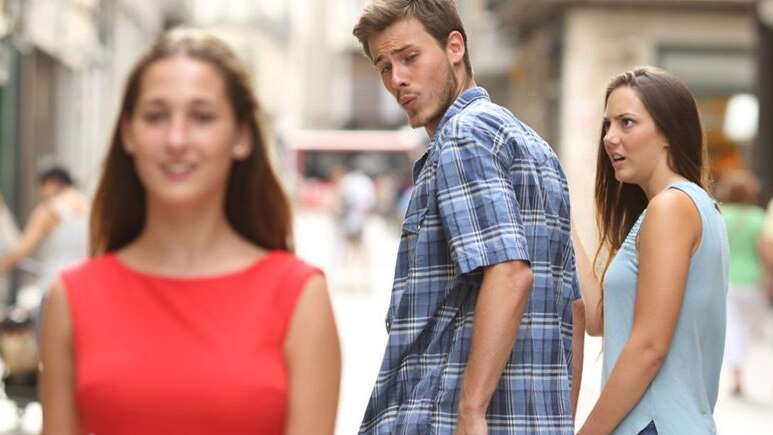 The original "distracted boyfriend" meme, born out of a stock photo, has become ubiquitous on the internet.