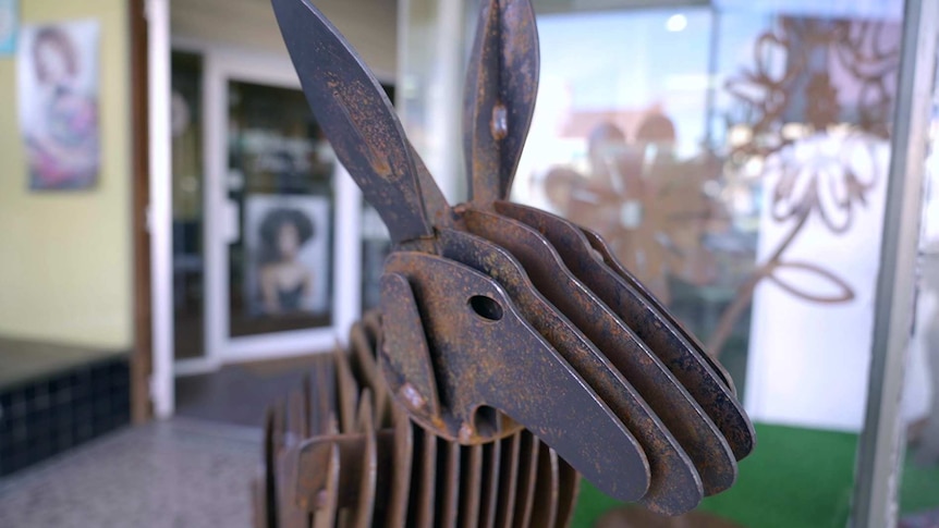 A metal kangaroo sculpture