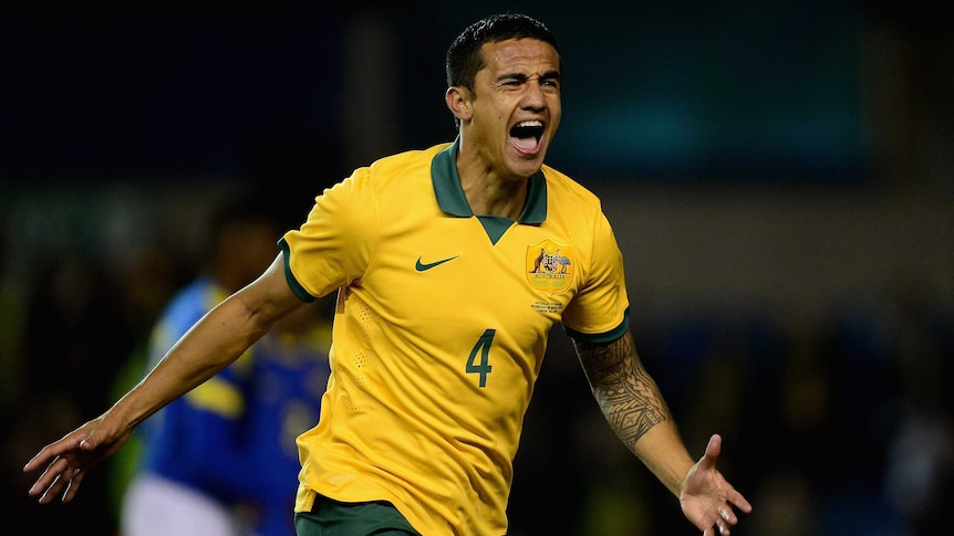Australia's Tim Cahill scores for the Socceroos against Ecuador in March, 2014.