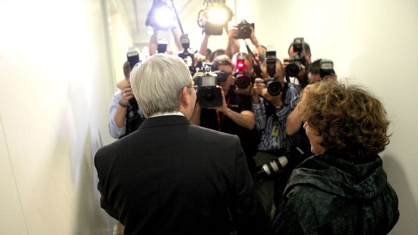 Kevin Rudd poses for the media with his wife Therese Rein