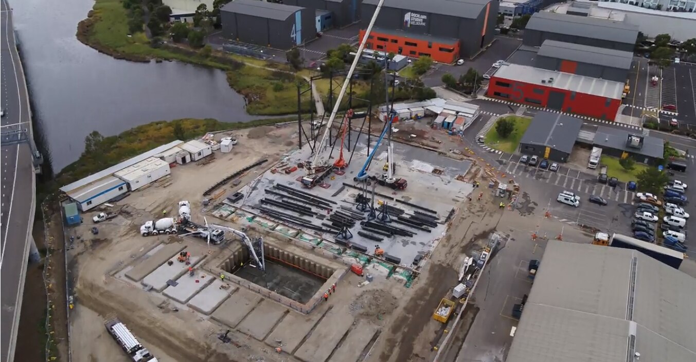 An aerial photo of a film production facility being constructed at Docklands.