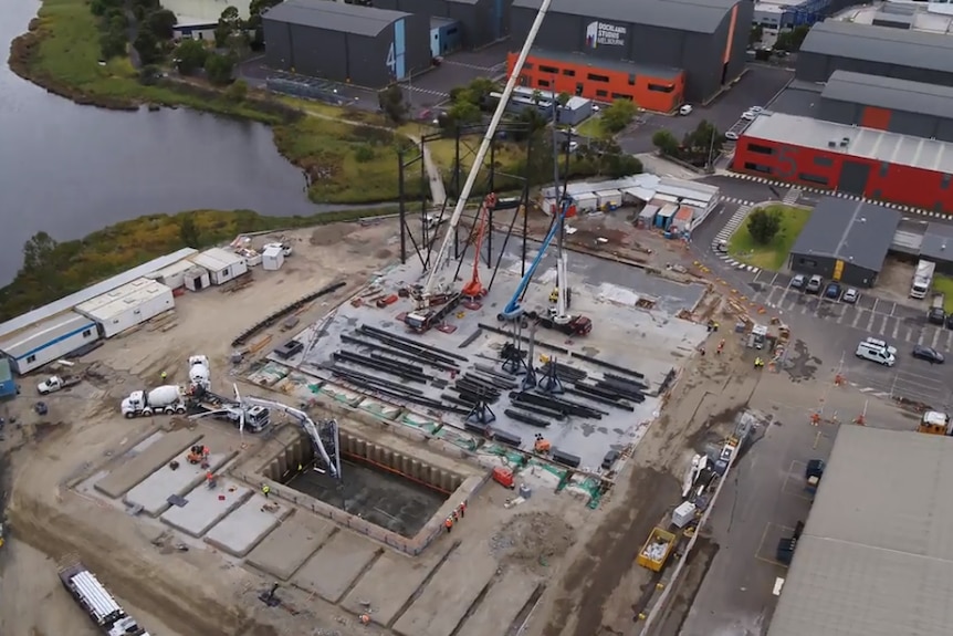 An aerial photo of a film production facility being constructed at Docklands.