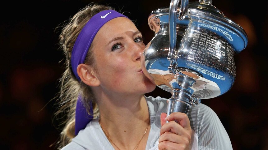 Spoils of victory ... Victoria Azarenka poses with the Daphne Akhurst Memorial Cup last year