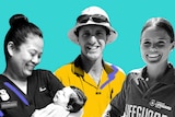 Collage of nurse holding baby, concreter and lifeguard all smiling depicting positive/happy work day experiences.