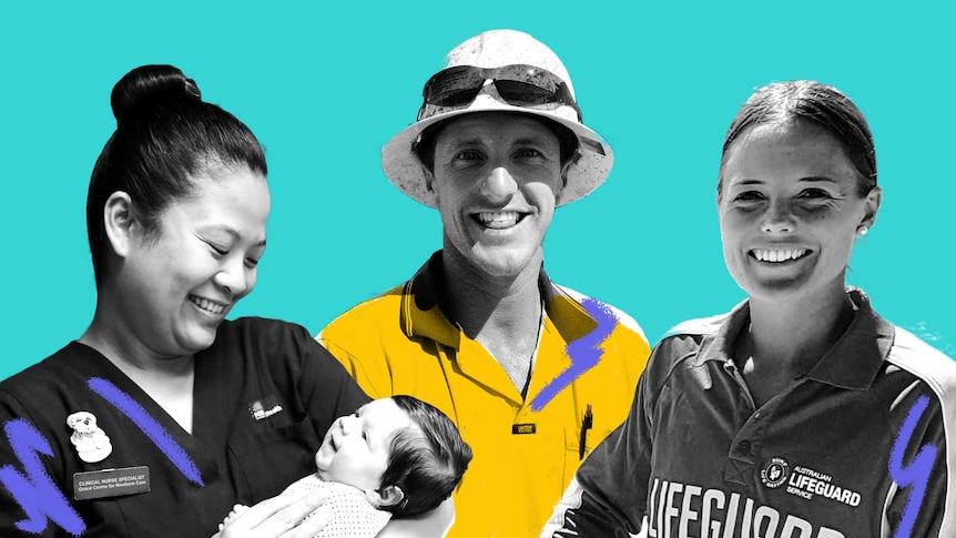 Collage of nurse holding baby, concreter and lifeguard all smiling depicting positive/happy work day experiences.