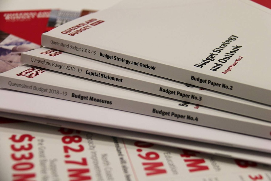 A stack of some of the Queensland Government budget papers, released on June 12, 2018