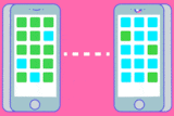 Playful illustration of two phones interacting via social media, as represented by icons