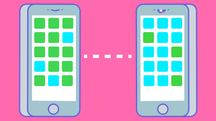 Playful illustration of two phones interacting via social media, as represented by icons