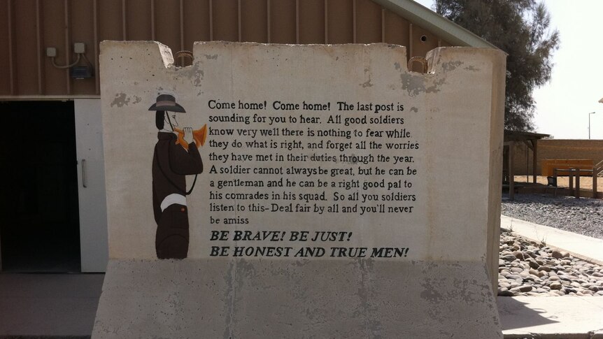 A sign at Australia's Camp Baker in Kandahar encourages troops to be brave, just and true.