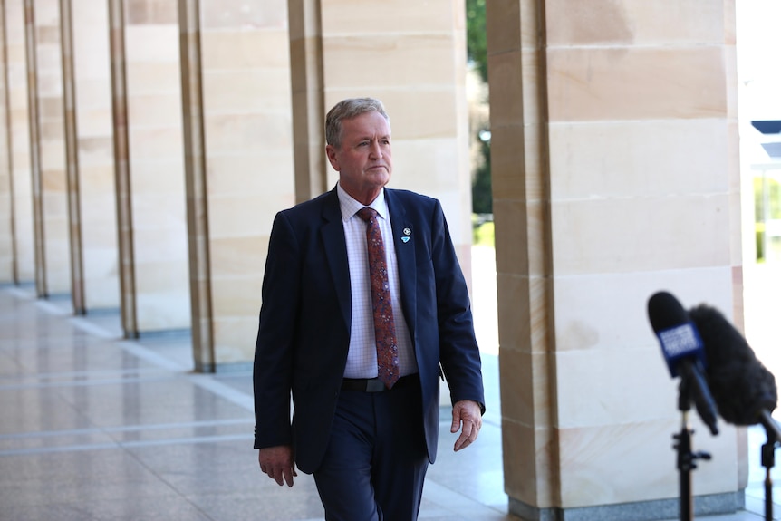 Shane Love walks towards media at WA Parliament
