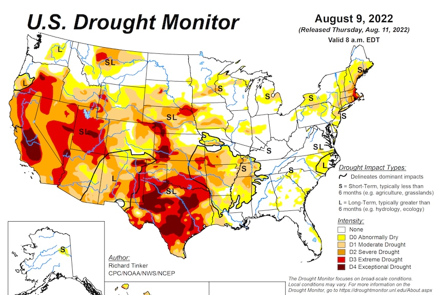 map showing drought in southern and western regions of the US