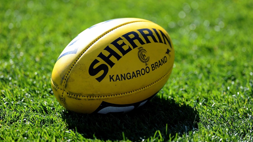 A yellow Australian rules ball sitting on the grass.