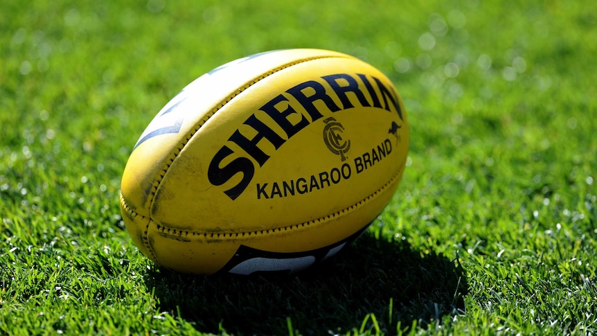 A yellow Australian rules ball sitting on the grass.