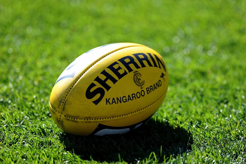 A yellow Australian rules ball sitting on the grass.