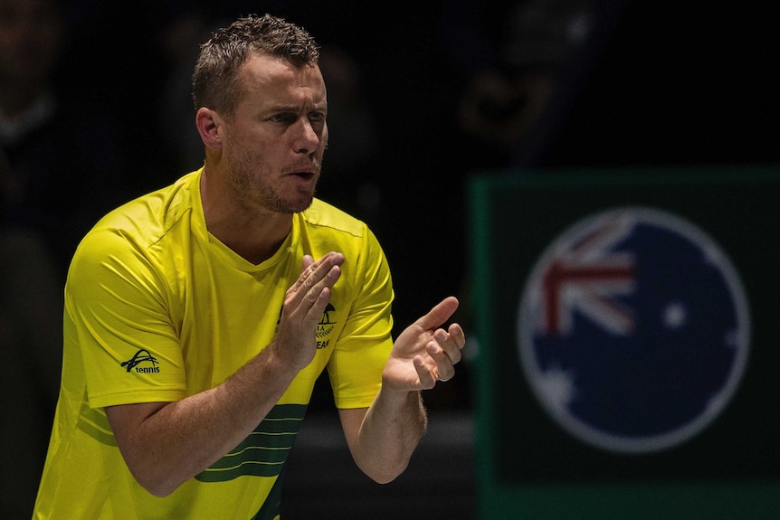 Australian captain Lleyton Hewitt looks on at the Davis Cup