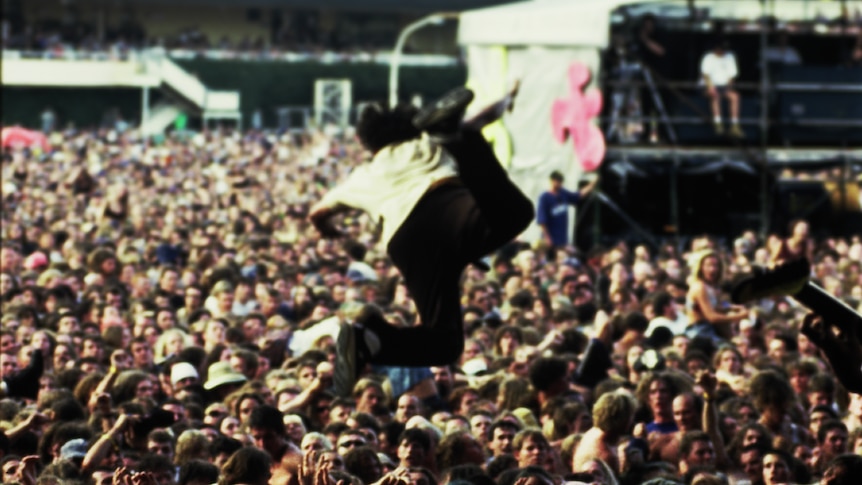 Zach de la Rocha from Rage Against The Machine stagedives at the 1996 Big Day Out