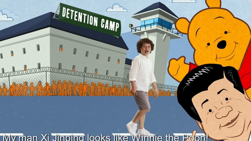 A cartoon detention camp in the background, next to Winnie the Pooh and Xi drawn as cartoons. From a parody video.