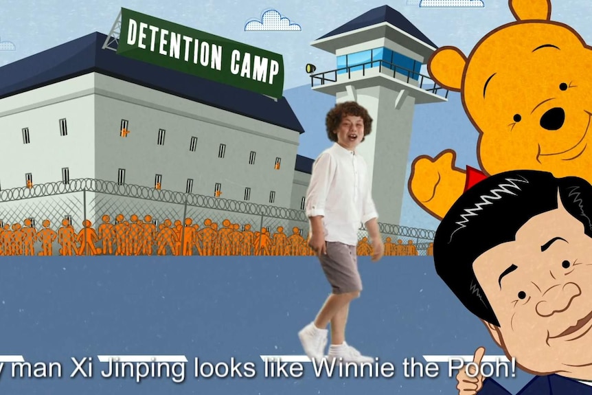 A cartoon detention camp in the background, next to Winnie the Pooh and Xi drawn as cartoons. From a parody video.