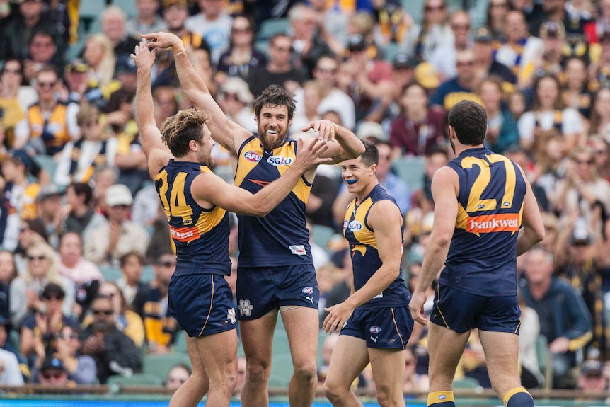 West Coast celebrate a Josh Kennedy goal